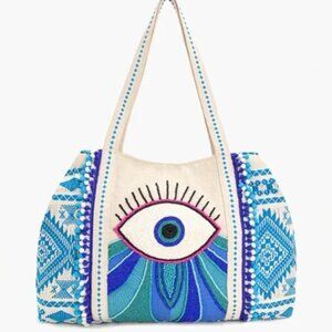 America and Beyond Beaded Embroidered Evil Eye Canvas Tote Handbag Boho NWT